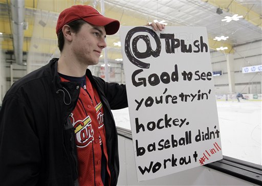 Milwaukee Brewers' Tony Plush (Nyger Morgan) puts on his skates with Sharks