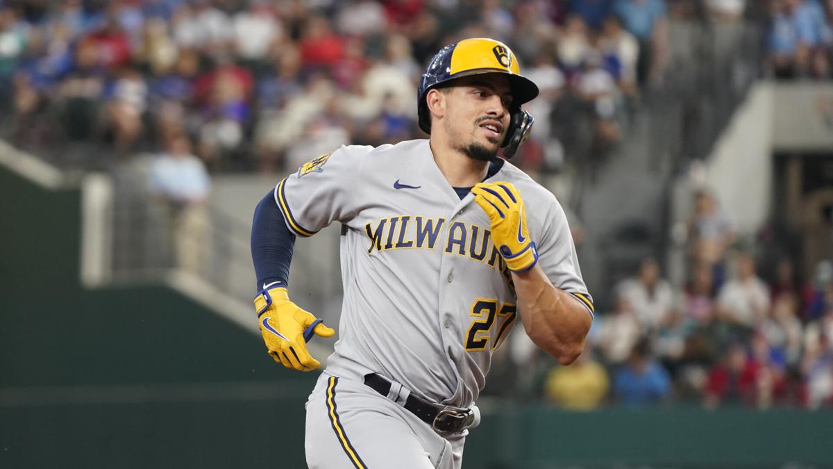 Milwaukee Brewers' Abraham Toro (13) celebrates his two-run home run  against the Toronto Blue Jays during the second inning of a baseball game  Wednesday, May 31, 2023, in Toronto. (Frank Gunn/The Canadian