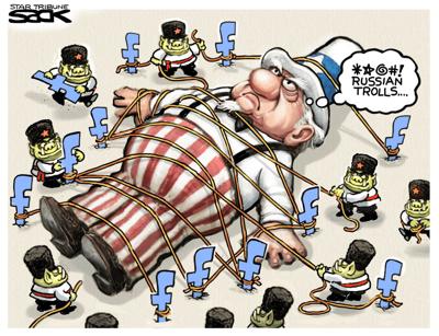 Russian trolls pin down Uncle Sam in Steve Sack s latest 