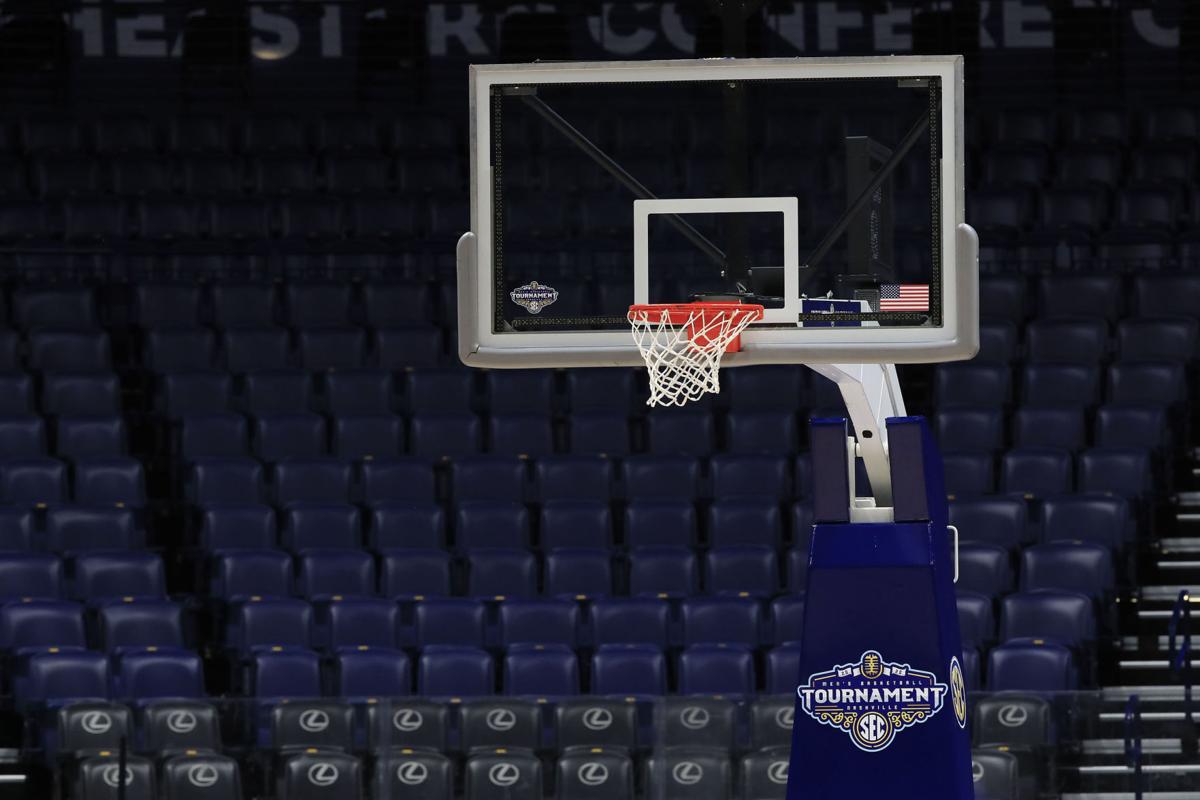The basket and the arena sit unused after the announcement of the cancellation of the SEC Basketball Tournament at Bridgestone Arena in Nashville, Tenn., amid the Coronavirus pandemic on March 12, 2020.