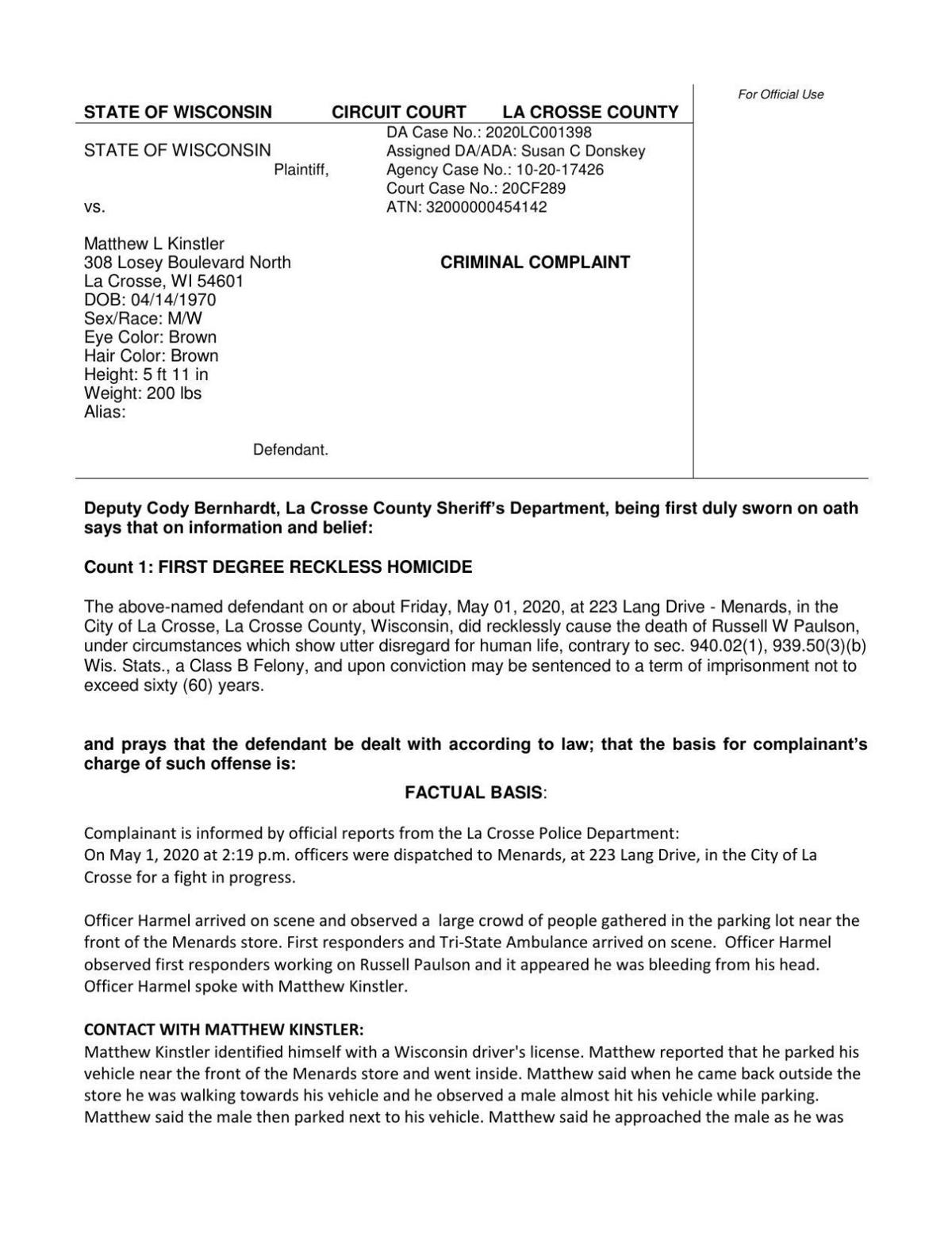 Pdf Criminal Complaint In State Vs Matthew L Kinstler Madison Com