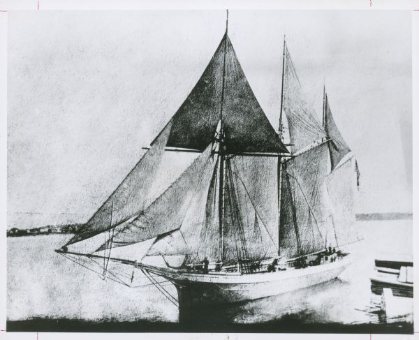 An Illustration Of The Schooner Rouse Simmons Known As Christmas Tree Ship On Water Near A Shoreline An Illustration Of The Schooner Rouse Simmons Known As Christmas Tree Ship On Water Near A Shoreline