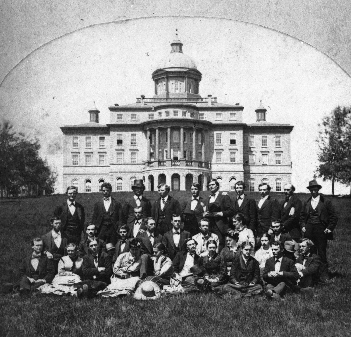 Bascom Hall and students, 1869