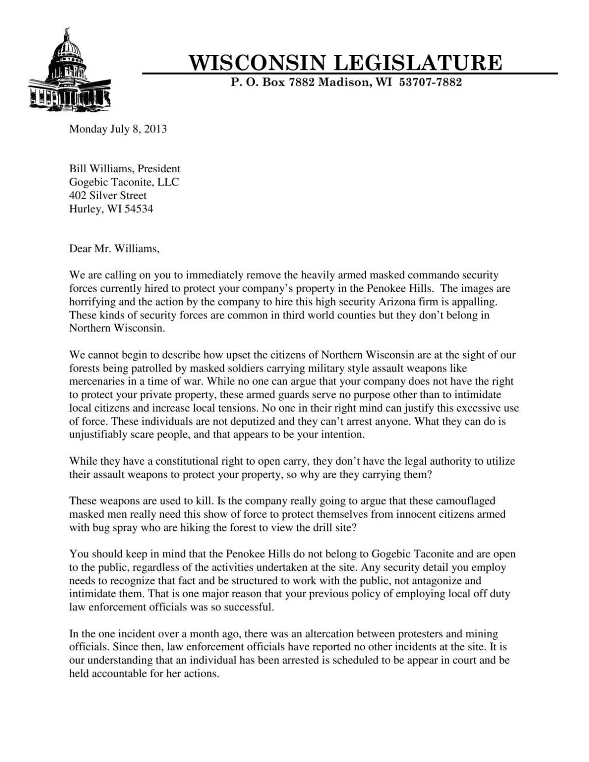 Letter Calling For Removal Of Guards