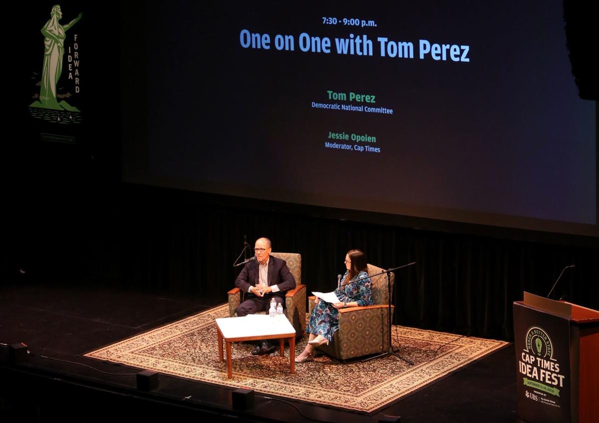 Tom Perez and Jessie Opoien at Cap Times Idea Fest