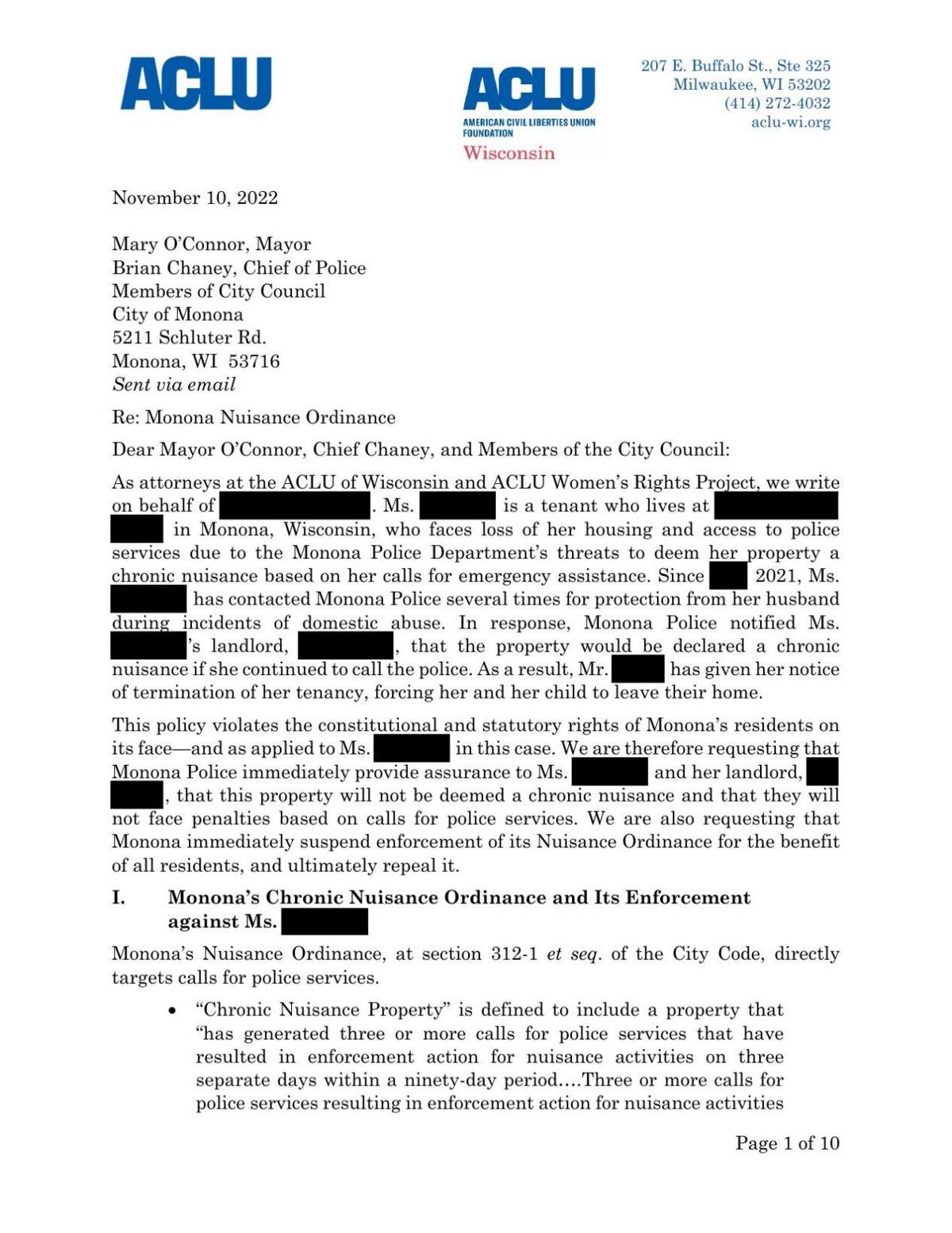 Nov. 10, 2022, ACLU letter, redacted