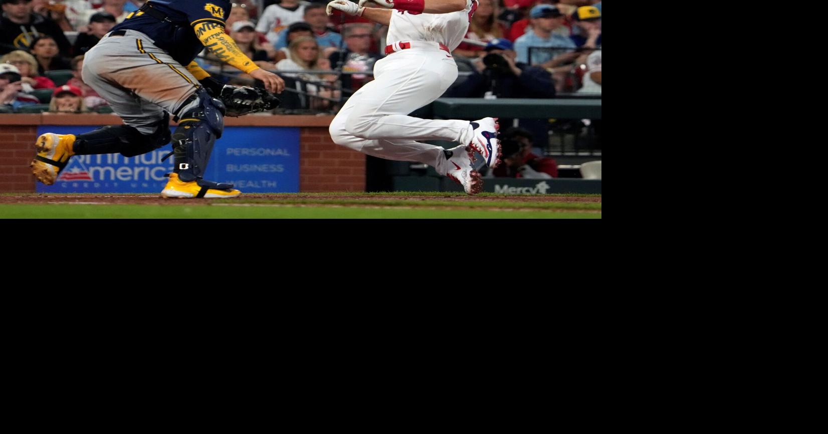 St. Louis, United States. 11th Apr, 2021. St. Louis Cardinals Nolan Arenado  swings, hitting a single in the first inning against the Milwaukee Brewers  at Busch Stadium in St. Louis on Sunday