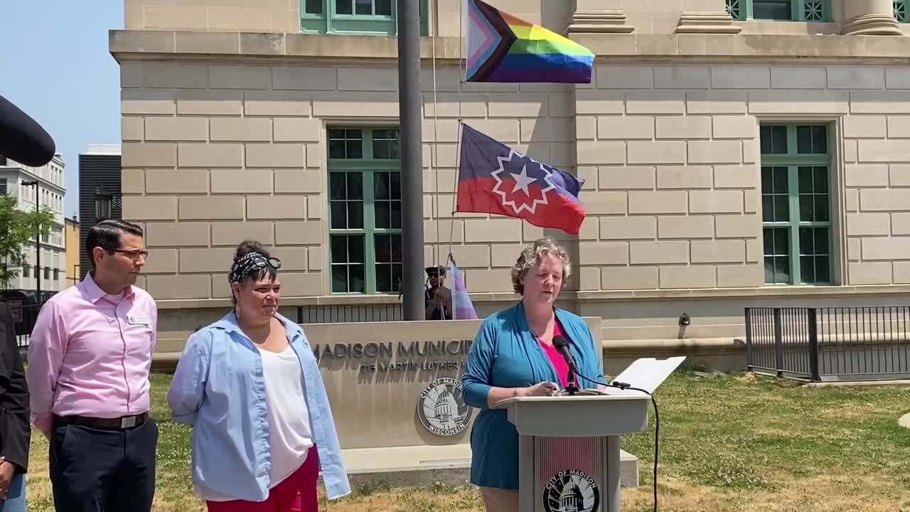 Trans flag raised in front of Madison Municipal Building picture