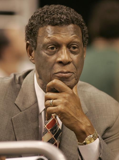 In this 2005 file image, Clippers General Manager Elgin Baylor makes a face during the game against the Atlanta Hawks at Staples Center on November 4.