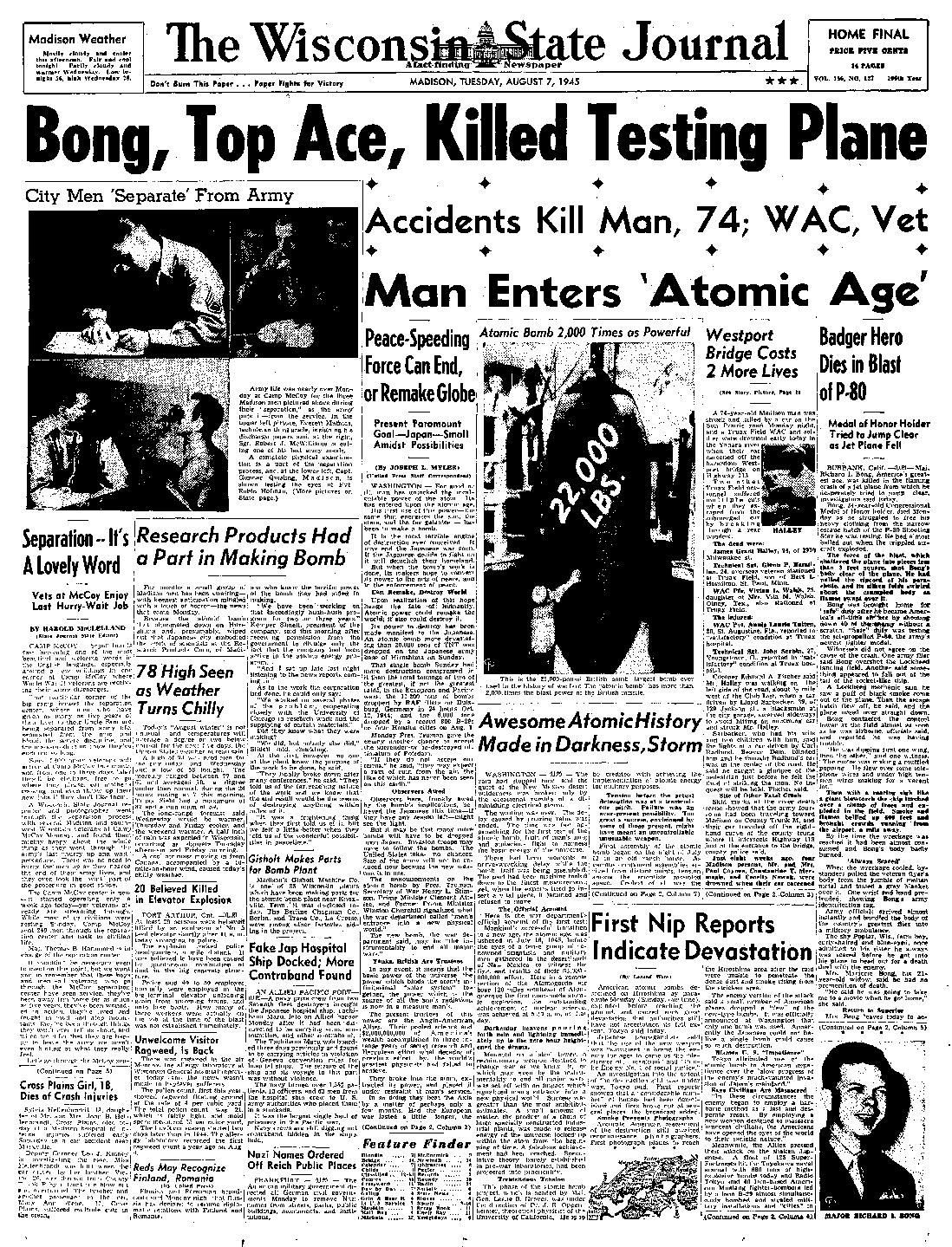 Front pages from the bombing of Hiroshima 1945