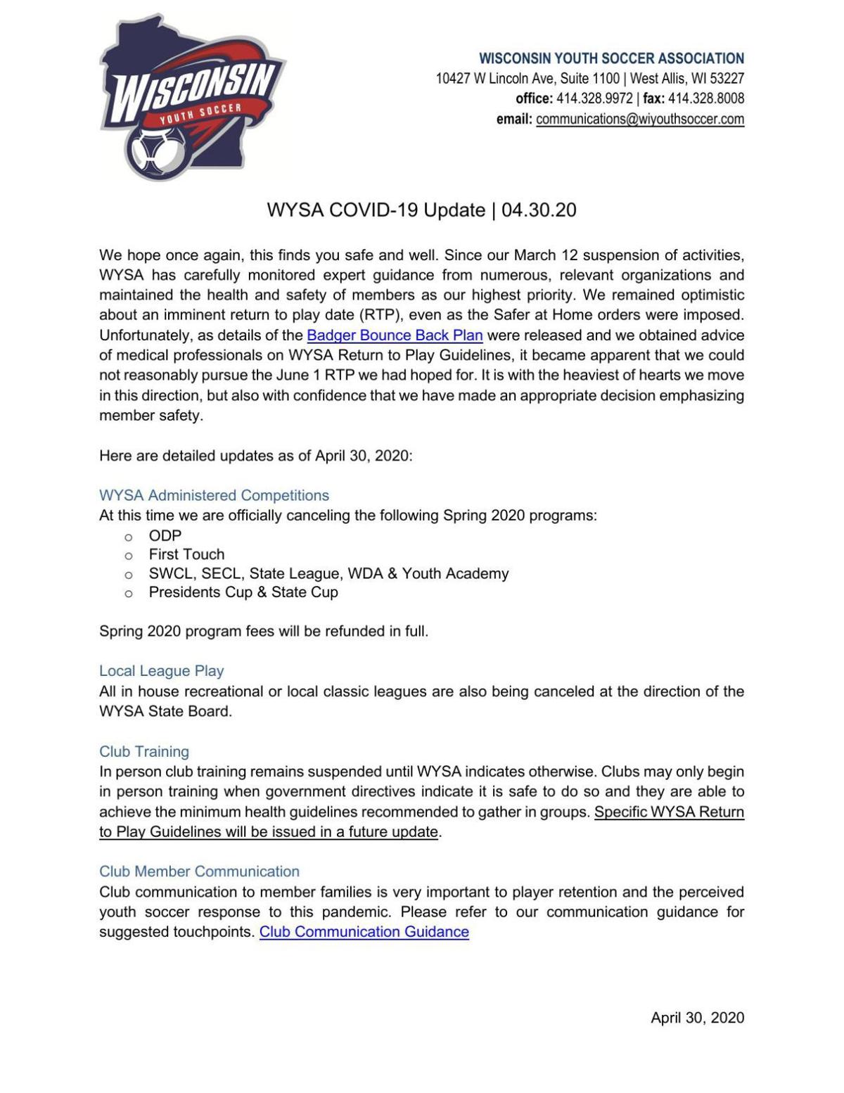 Youth Soccer Wisconsin Youth Soccer Association News Release Madison Com