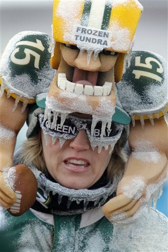 New York Giants fan Kevin Bock shows off his blue cheese hat before an NFL  divisional playoff football between the Green Bay Packers and the New York  Giants Sunday, Jan. 15, 2012