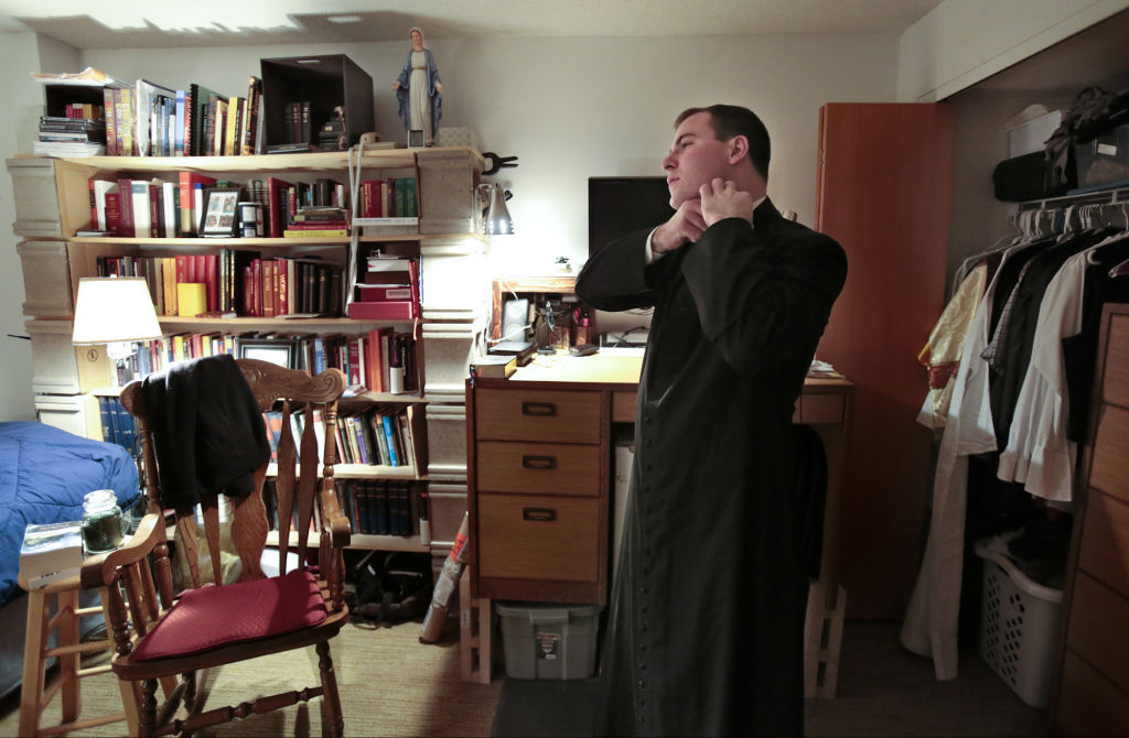 Seminarian Chris Gernetzke in his dorm room