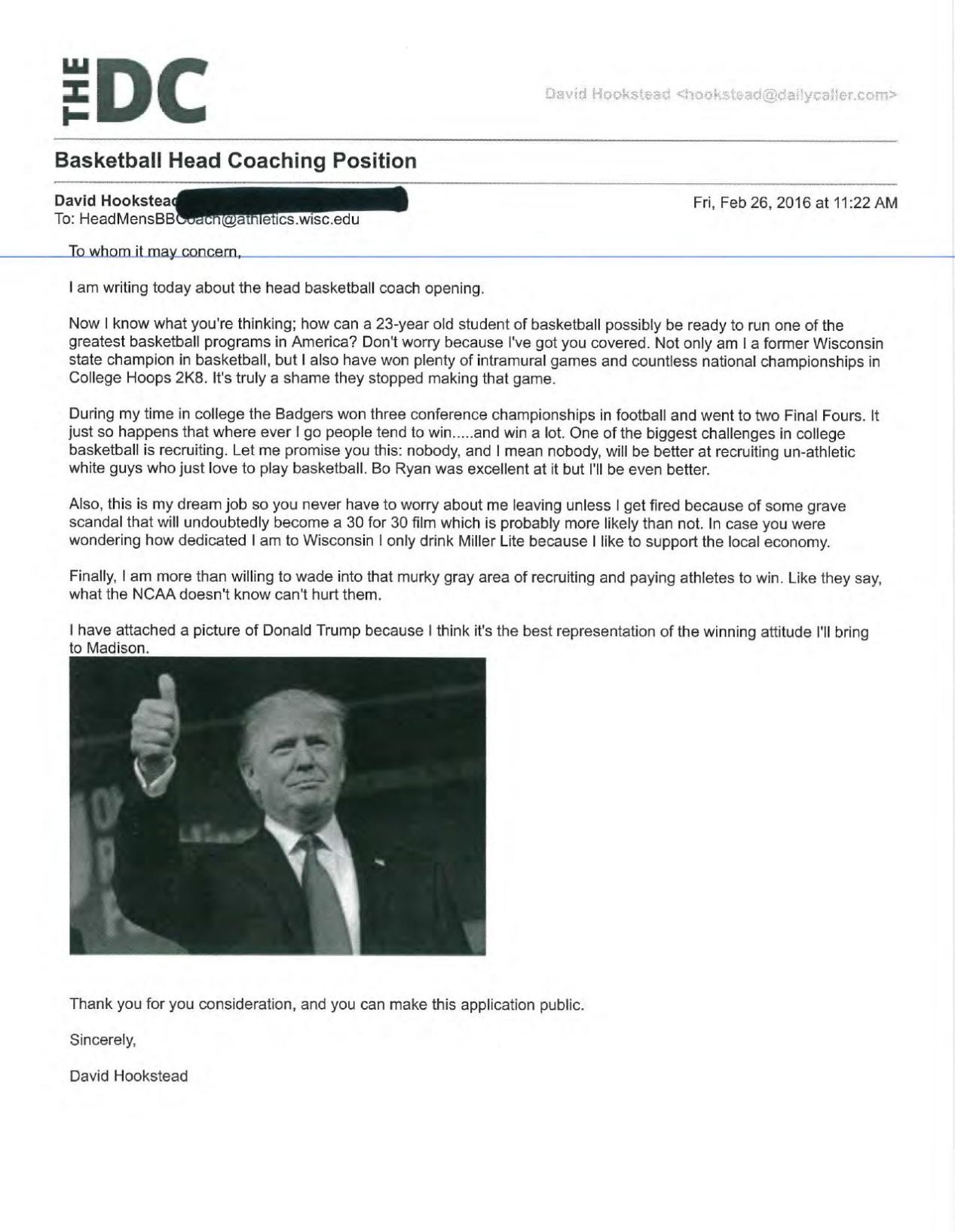 badgers mens basketball applicants cite donald trump in cover letter for basketball coaching position