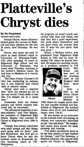 26 — Platteville's George Chryst dies (Dec. 4, 1992)