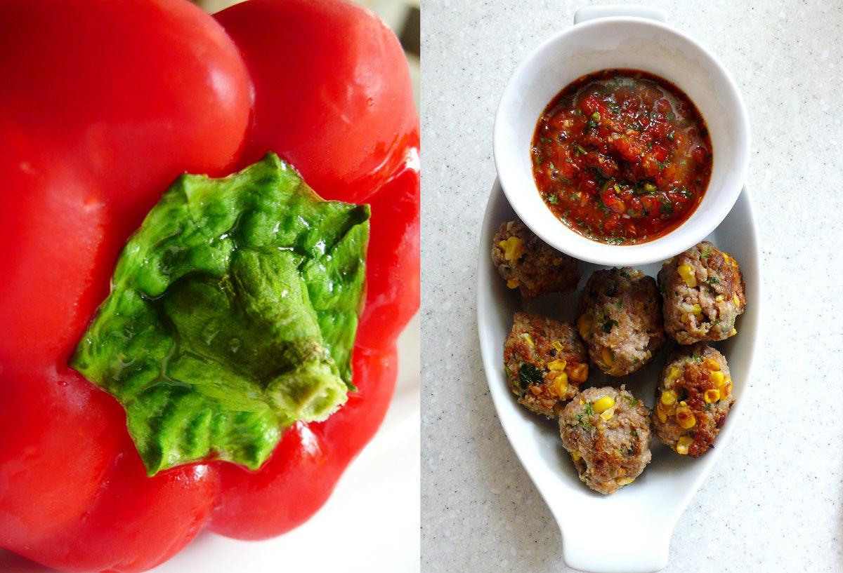Turkey and corn meatballs with roasted red pepper sauce