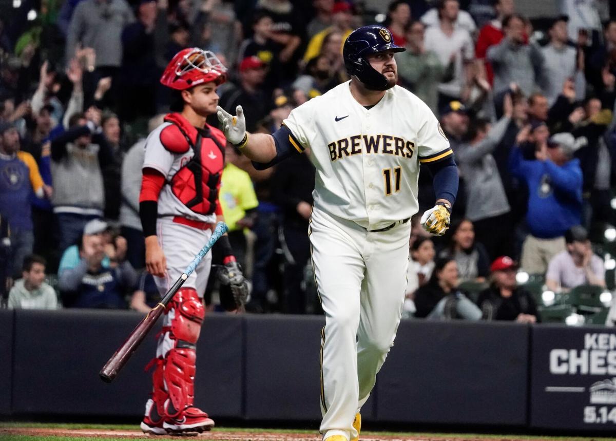 Rowdy Tellez of the Milwaukee Brewers reacts after a two run home