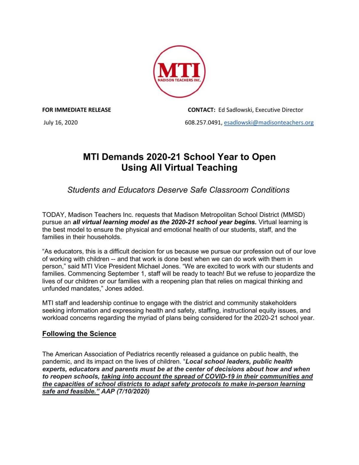 Madison Teachers Union Demands Fully Virtual Start To School Year