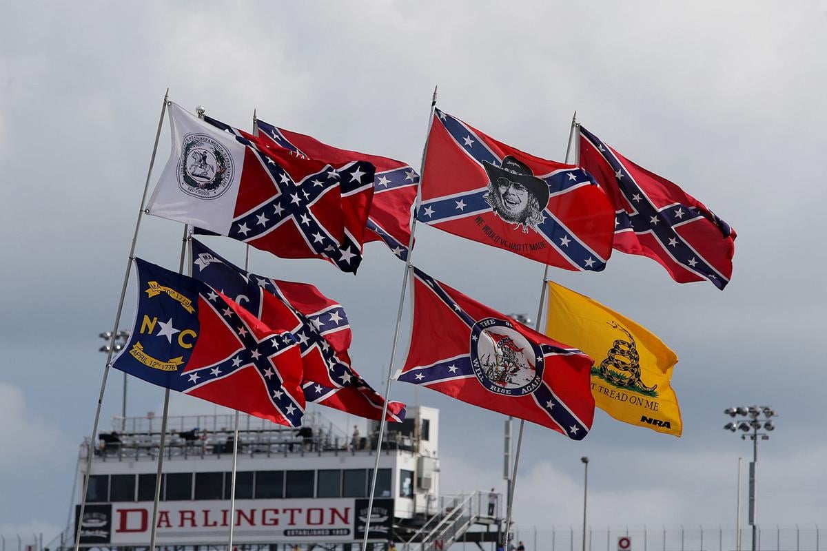 Confederate flags are seen flying over the infield campground prior to the NASCAR Sprint Cup Series Bojangles' Southern 500 at Darlington Raceway on Sept. 6, 2015 in Darlington, S.C.