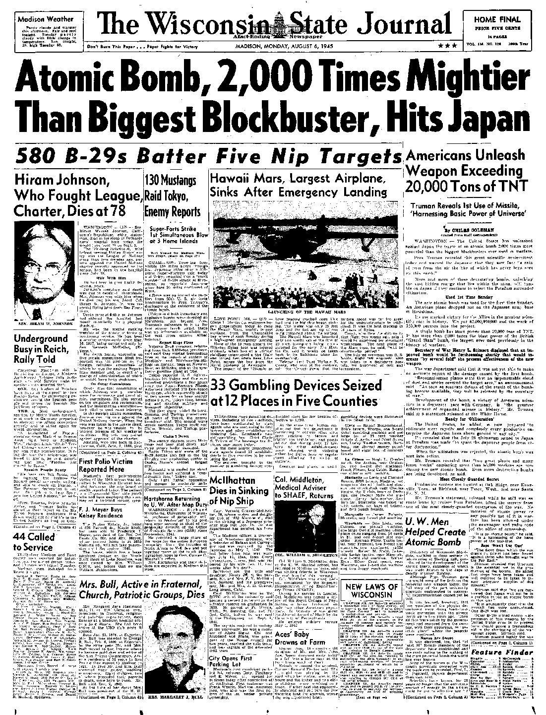 Front pages from the bombing of Hiroshima 1945
