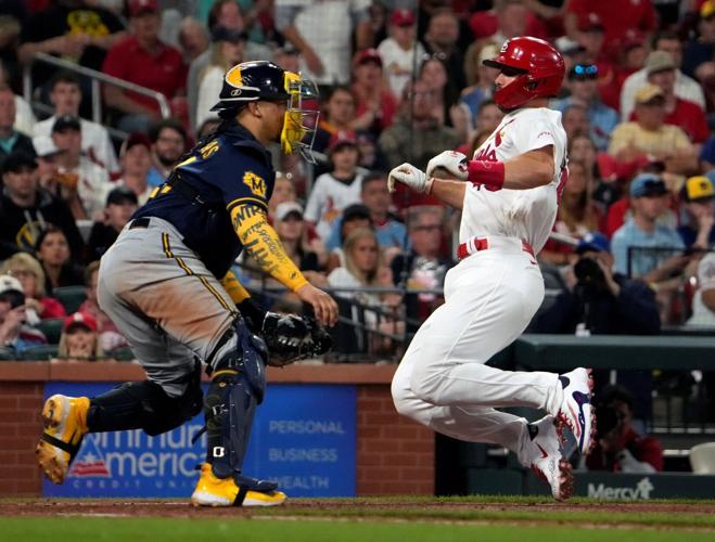 April 8, 2023: St. Louis Cardinals first baseman Paul Goldschmidt (46) gets  ready to bat during the game between the Milwaukee Brewers and the St.  Louis Cardinals at American Family Field on