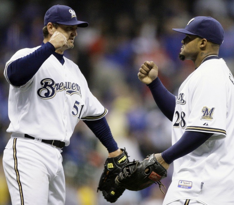 Milwaukee Brewers pitcher Trevor Hoffman came in for the save but