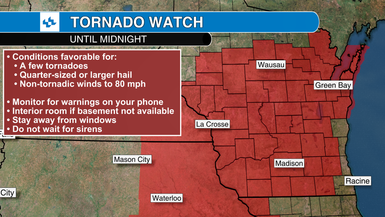 Tornado Watch continues for Wisconsin Tuesday night