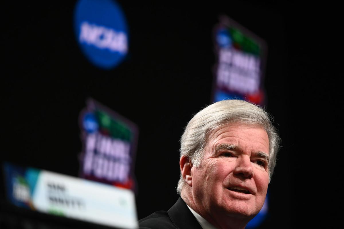 NCAA President Mark Emmert talks during a news conference before the men's basketball NCAA Tournament Final Four on April 4, 2019, at U.S. Bank Stadium in Minneapolis.
