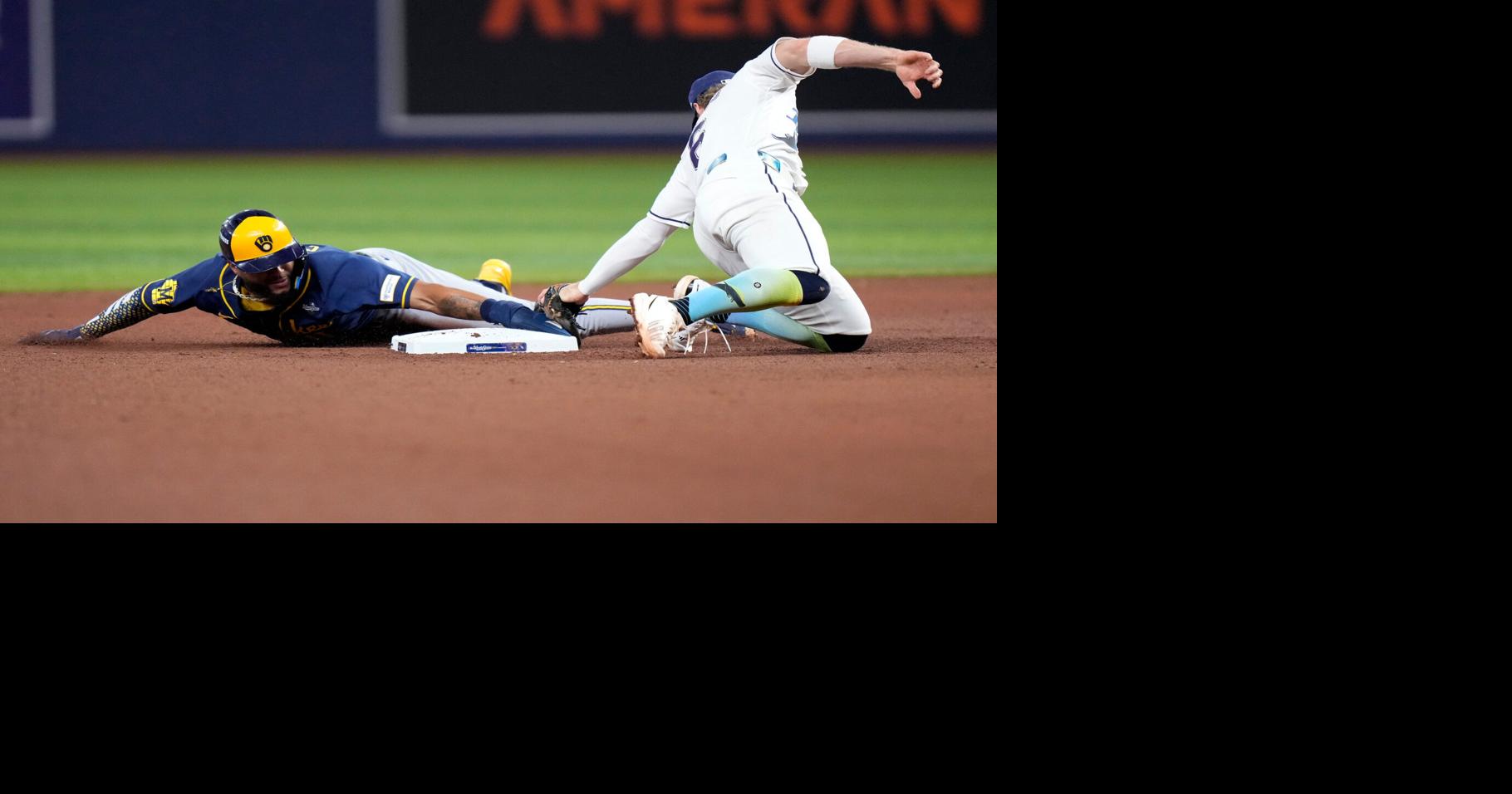 Milwaukee Brewers left fielder Jackson Chourio (11) stole second base ...