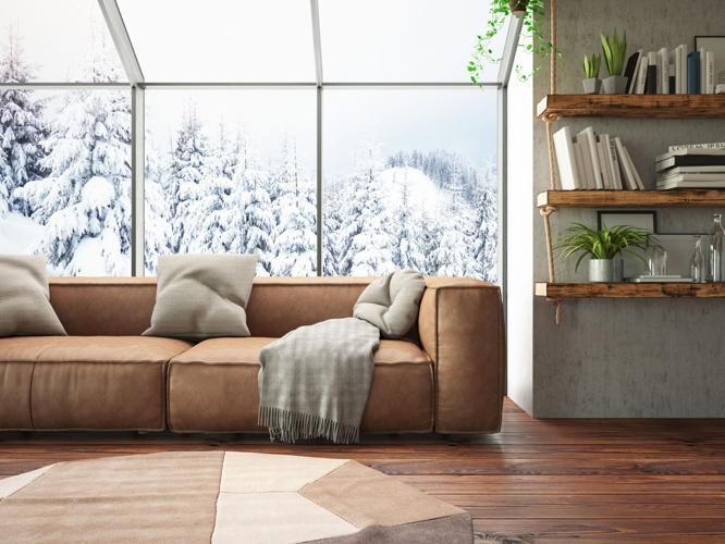 Winter Concept Living Room with Snow View