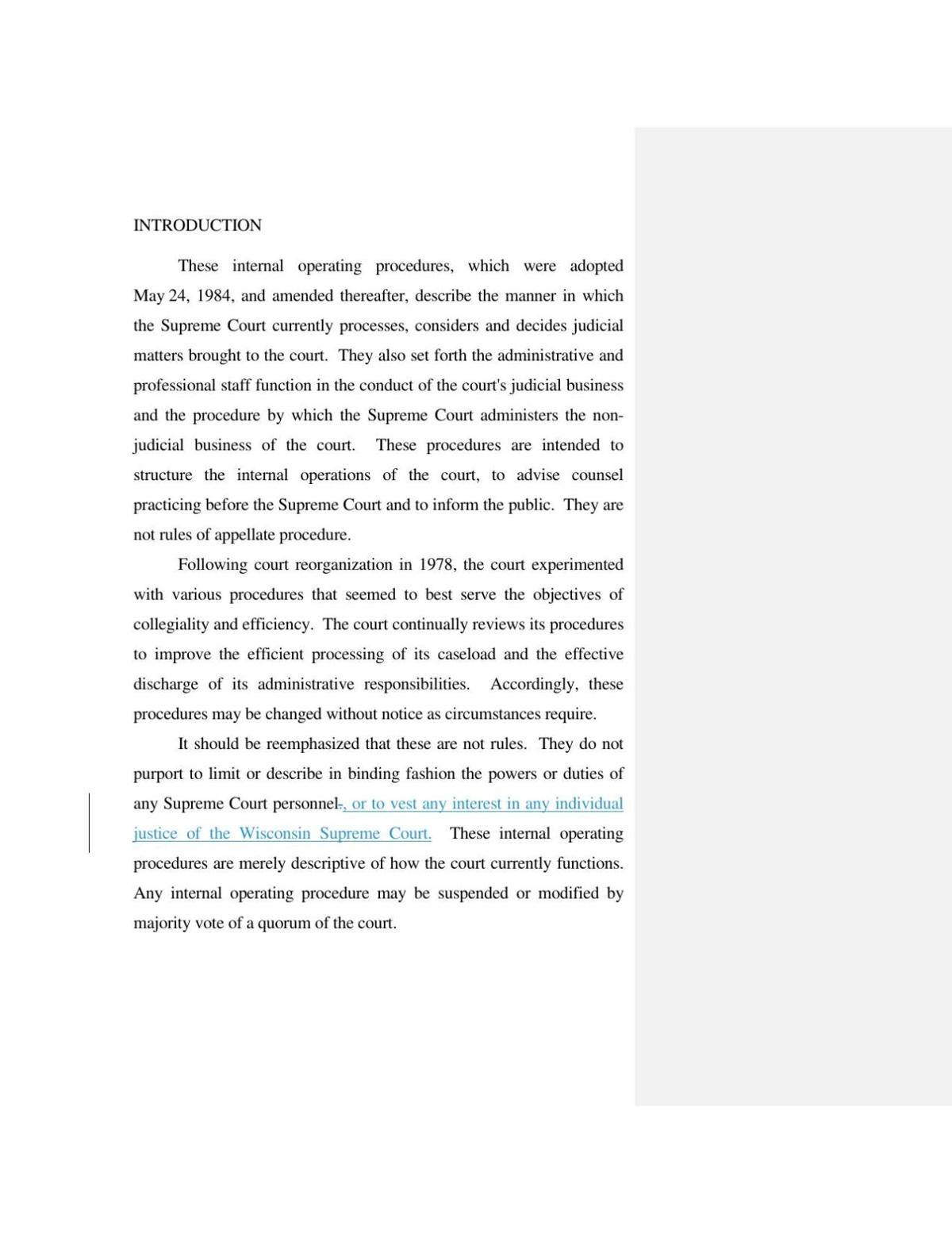 Changes to the Wisconsin Supreme Court's internal operating procedures