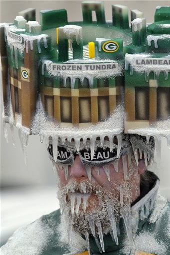 New York Giants fan Kevin Bock shows off his blue cheese hat before an NFL  divisional playoff football between the Green Bay Packers and the New York  Giants Sunday, Jan. 15, 2012