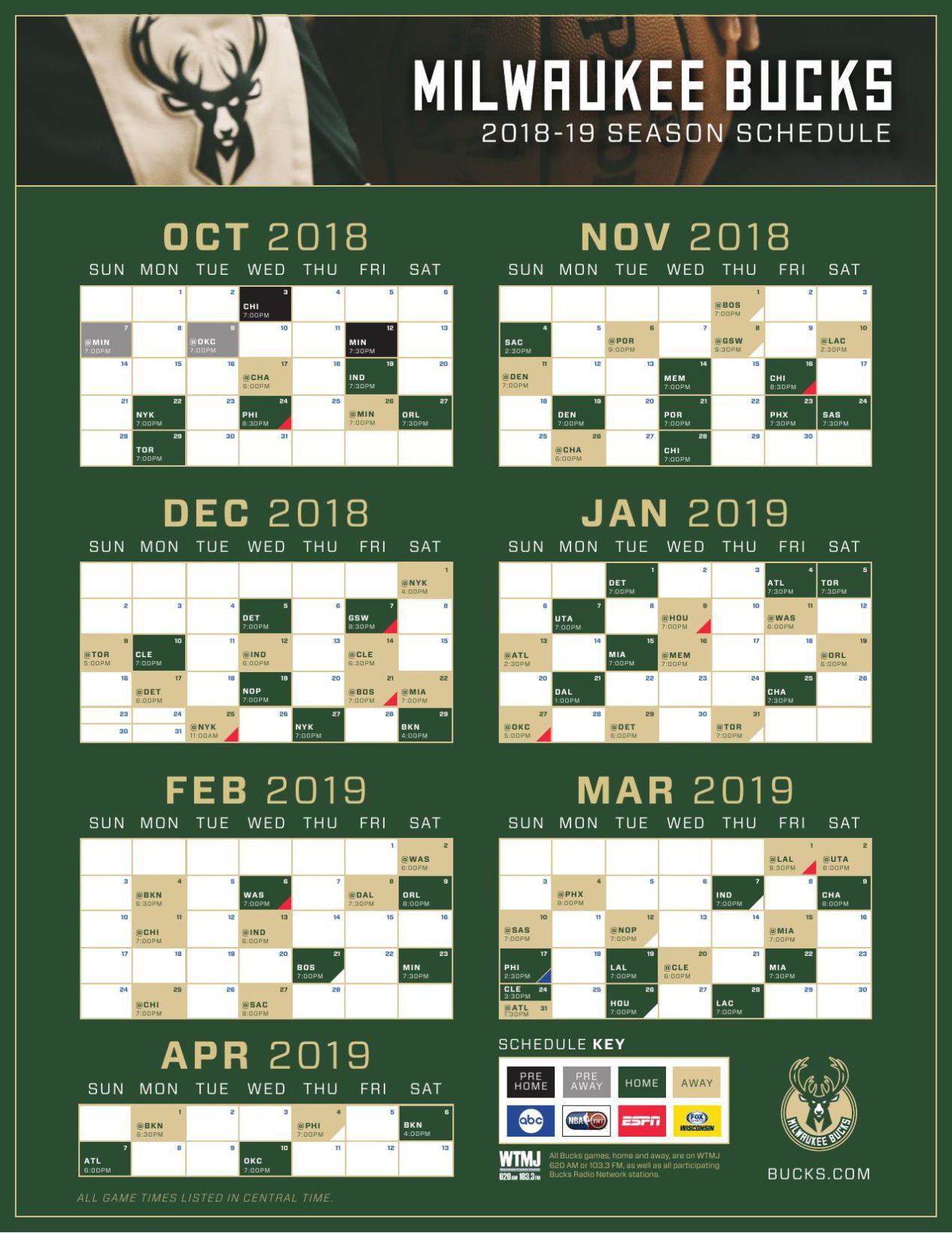 Milwaukee Bucks 2018 19 Schedule Milwaukee Bucks 2018 19 Schedule