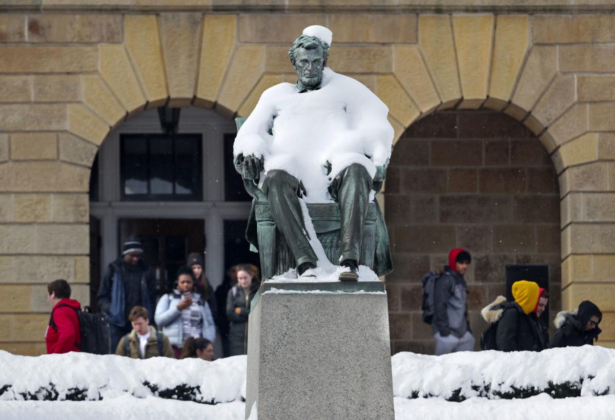 Snow covers Abe Lincoln statue at UW. State Journal photo (copy)