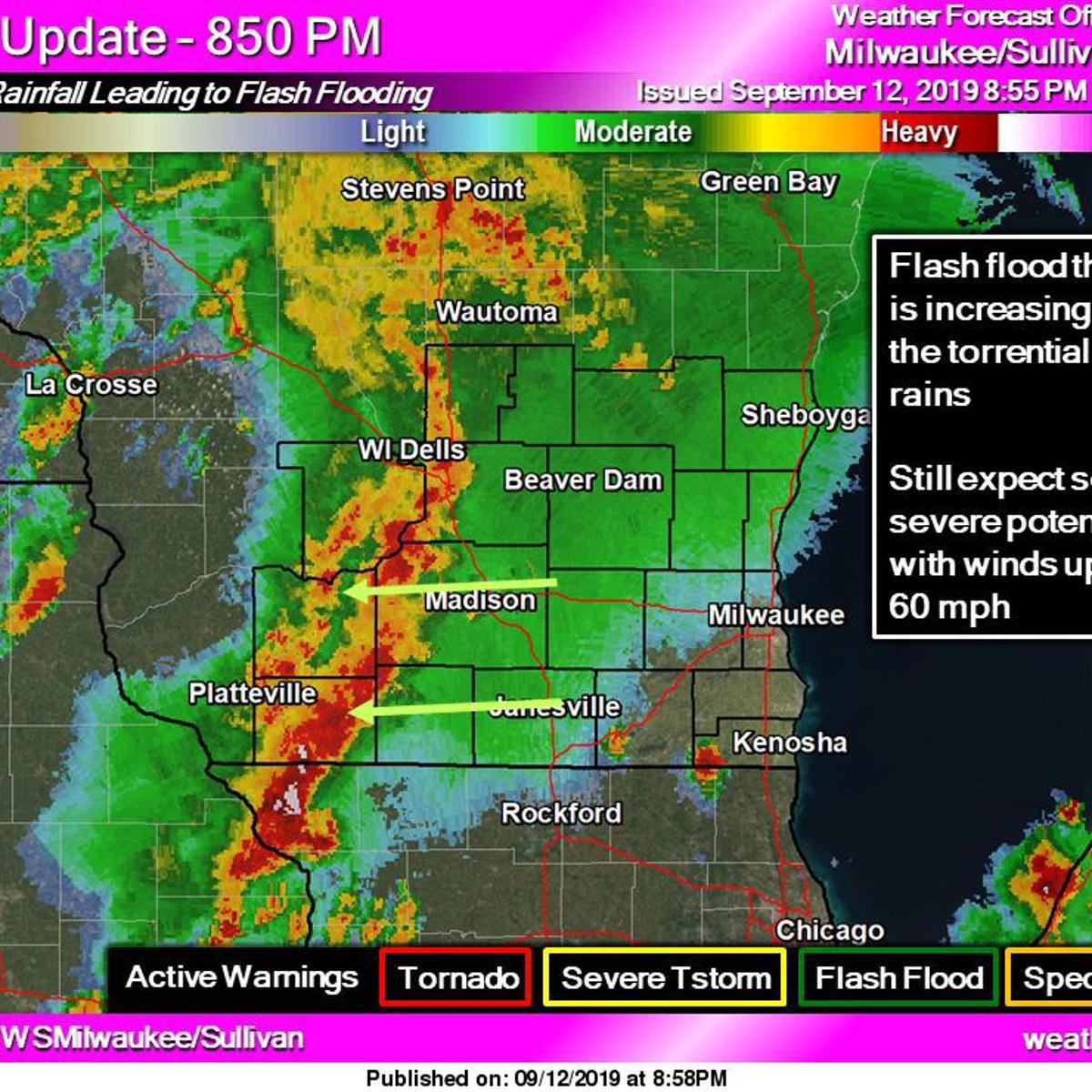 Storms Lash Southern Wisconsin Prompt Flood Warnings Some Rural Schools Close Friday Weather Madison Com Wisconsin Flooding Map Agust 27 2022