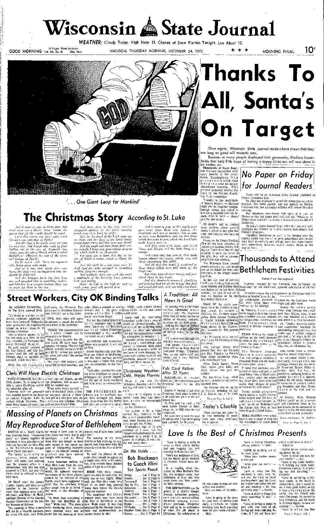 Wisconsin State Journal front page, Christmas 1970