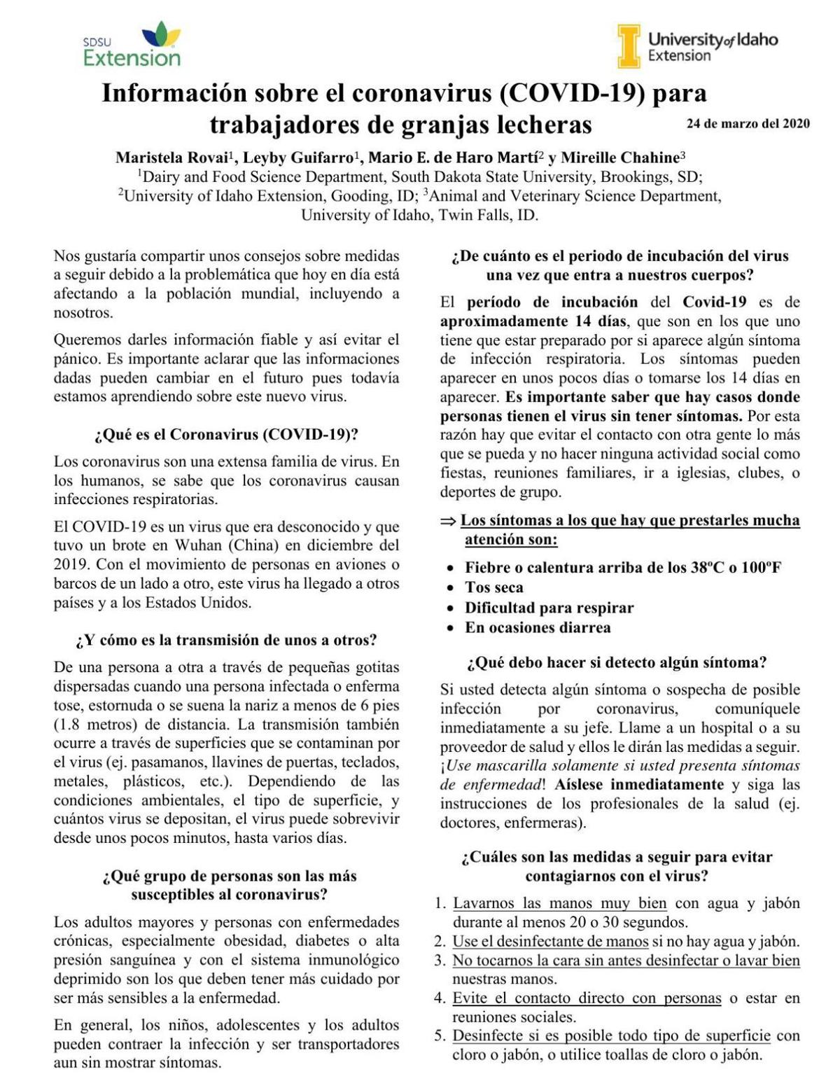Informacion Sobre El Coronavirus Covid 19 Para Trabajadores De Granjas Lecheras Magicvalley Com