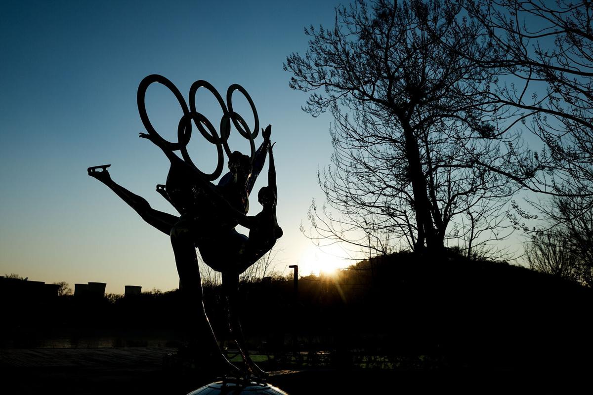 A sculpture depicts Olympic figure skaters for the 2022 Beijing Winter Olympics at Shougang Park on December 16, 2020, in Beijing.