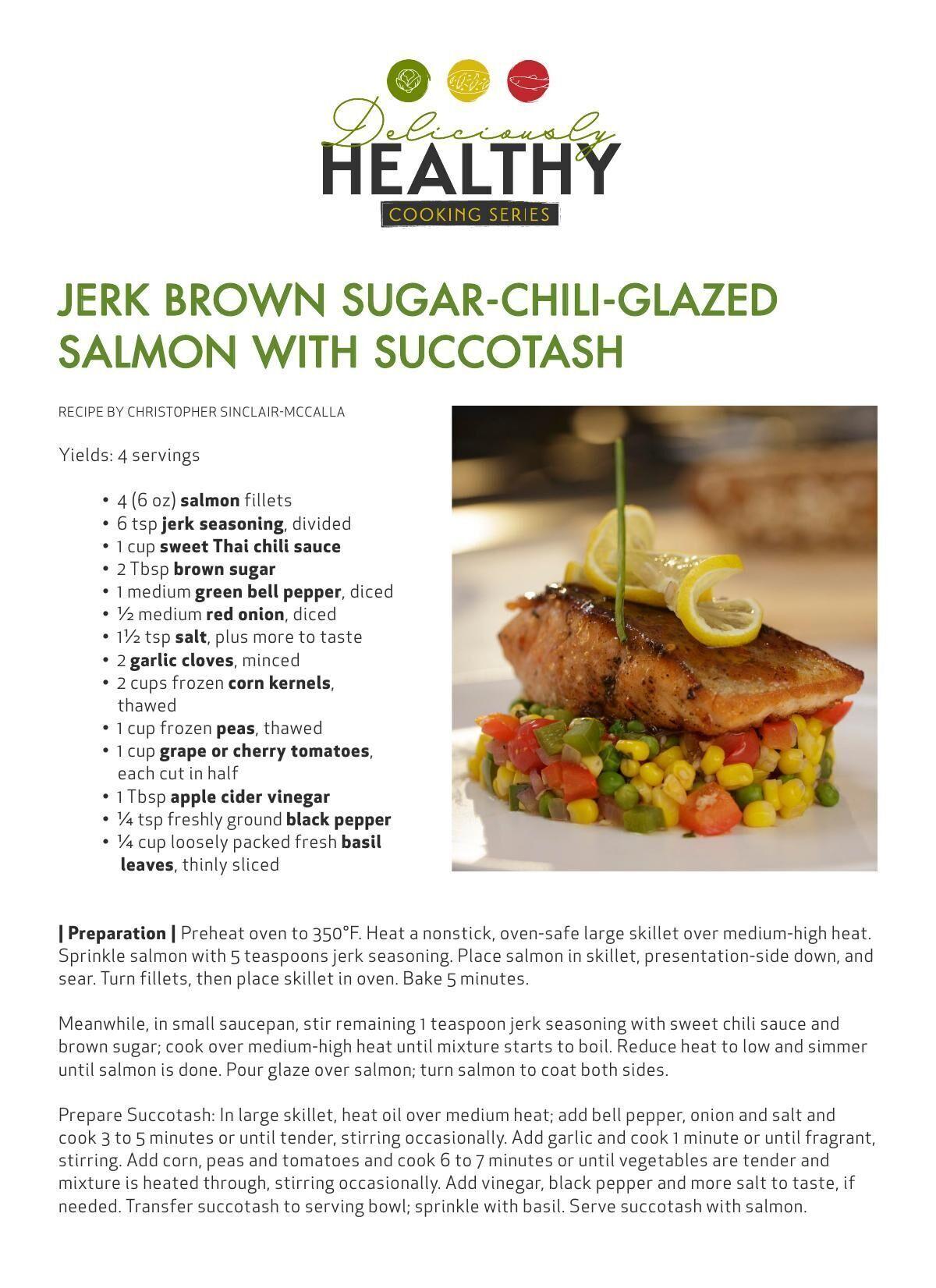 Download the jerk brown sugar-chili-glazed salmon with succotash recipe