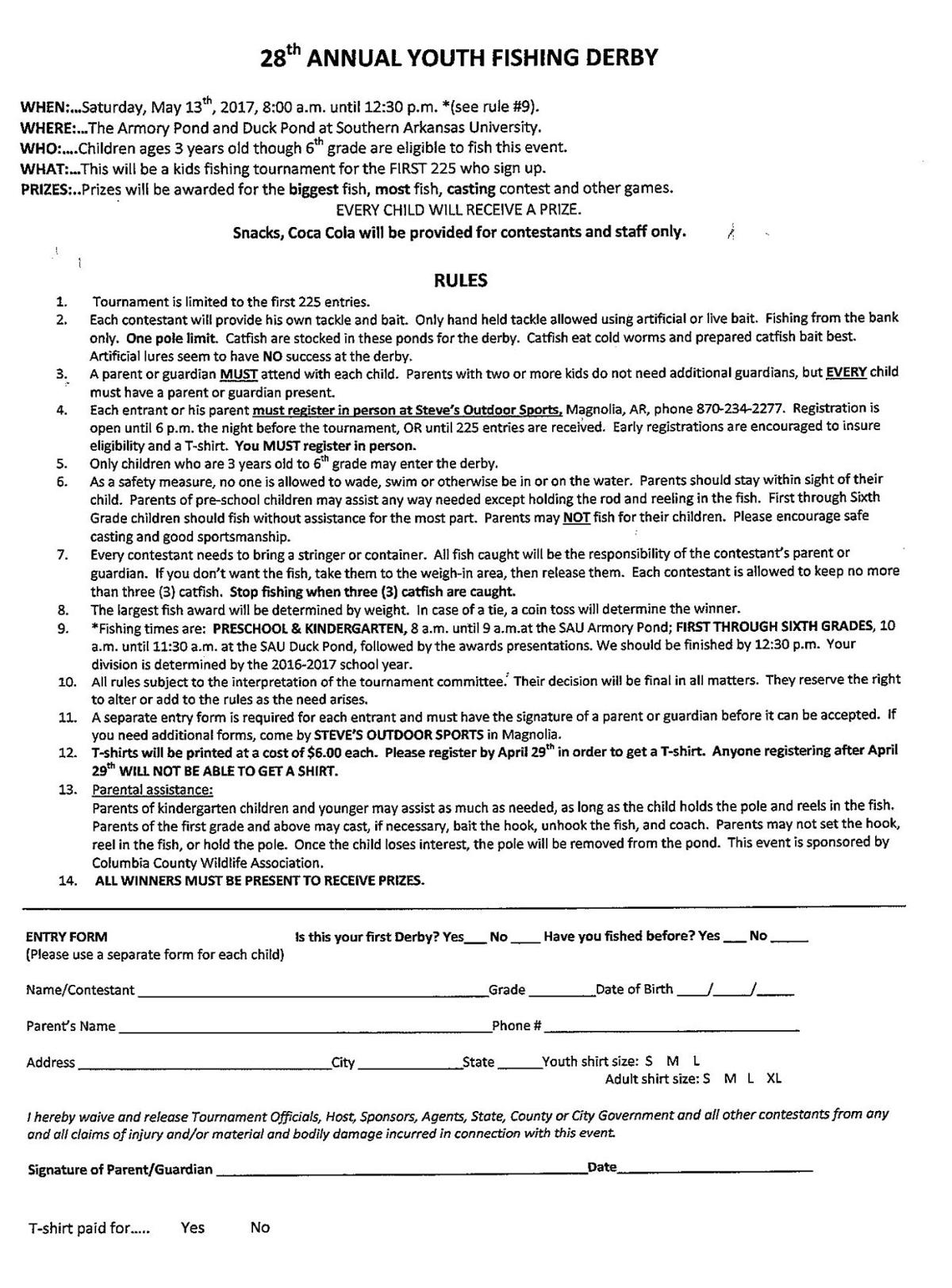 Fish Registration Form Registration deadline Friday for Youth Fishing Derby at SAU ponds ...