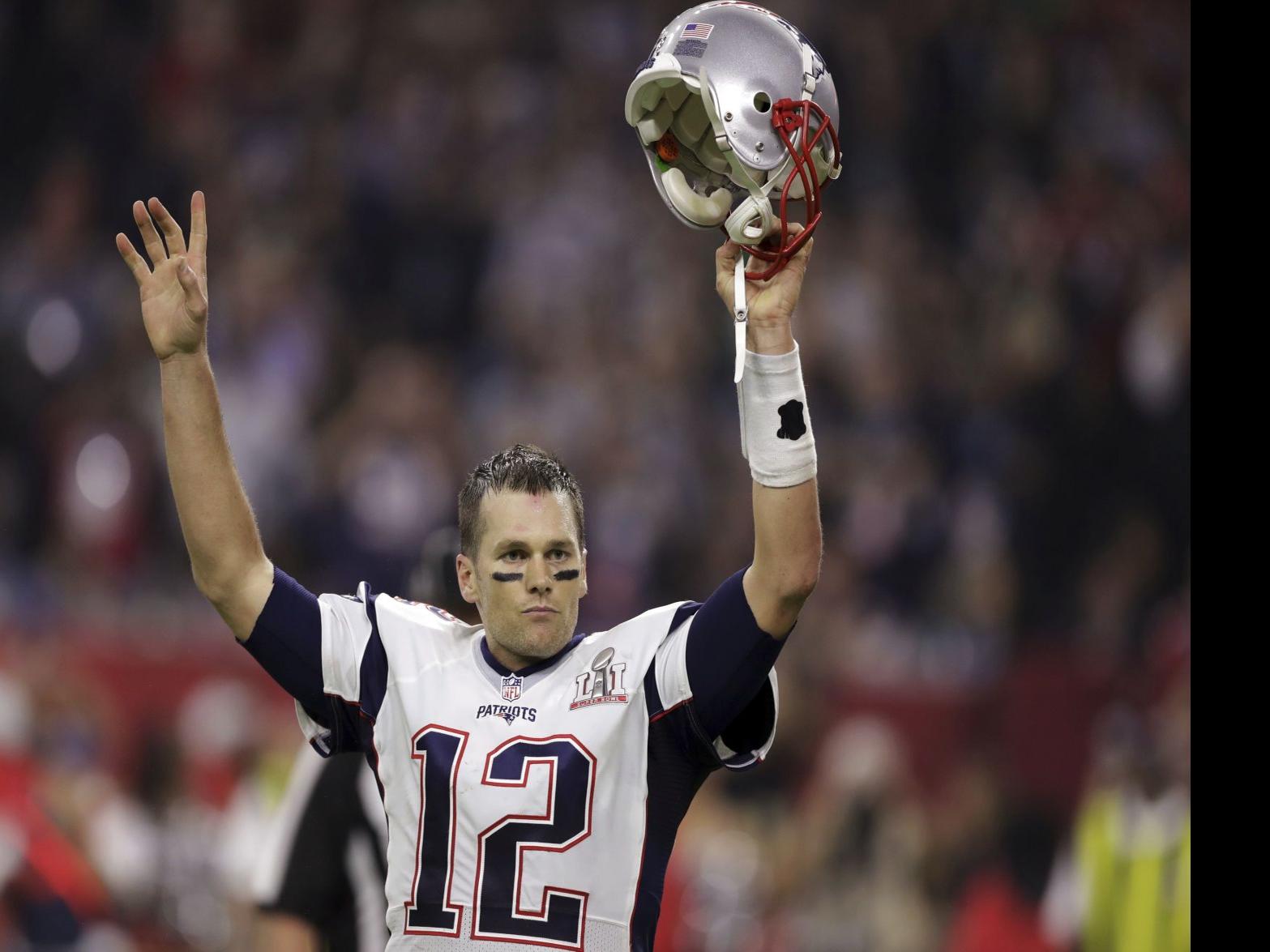 Feb 5, 2017; Houston, TX, USA; New England Patriots quarterback Tom Brady  (12) looks on from the sidelines during the third quarter against the  Atlanta Falcons during Super Bowl LI at NRG