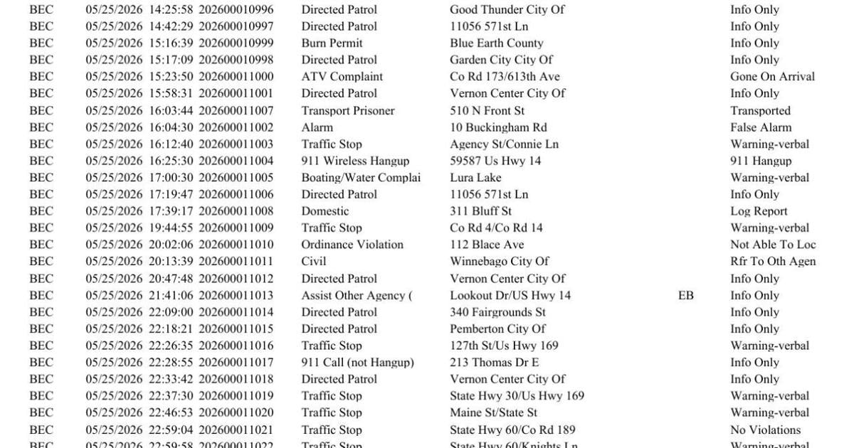 Blue Earth County Sheriff log May 25-26, 2026
