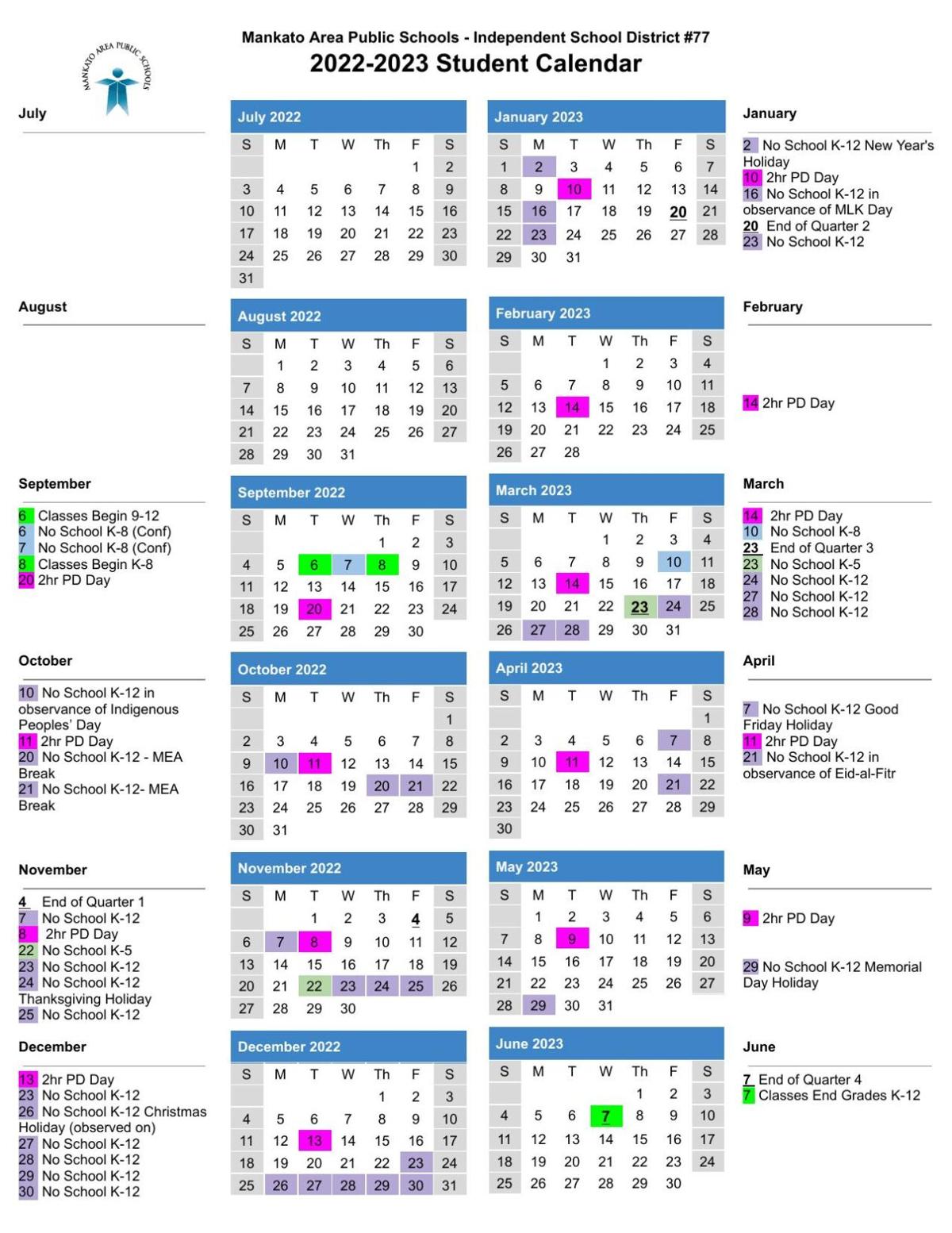 Msu Calendar 2022 2023 2022-2023 School Calendar | | Mankatofreepress.com