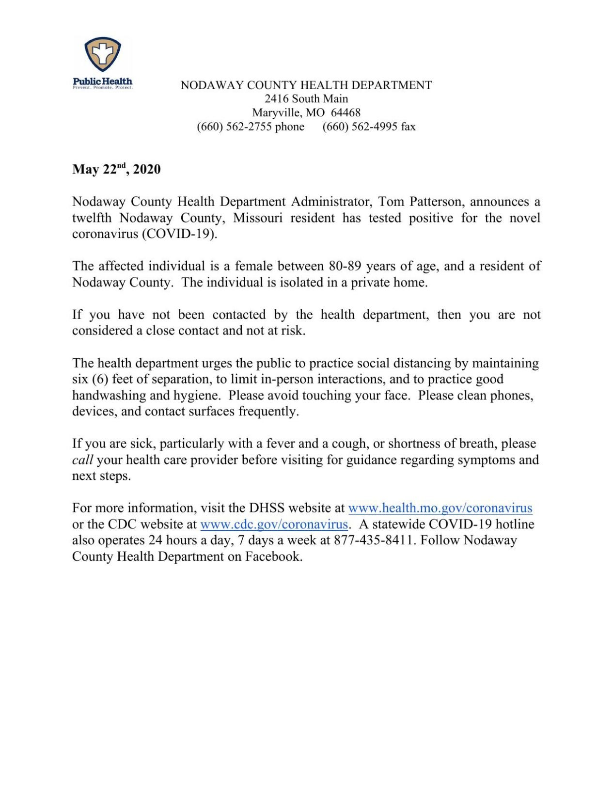 Nodaway County Health Department News Release Maryville Daily Forum