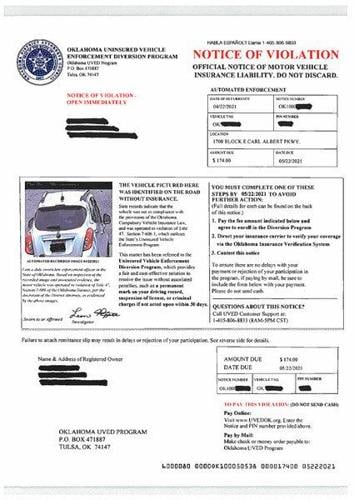 Oklahoma Uninsured Vehicle Enforcement Diversion Program Resident 'confused' after receiving notice for insurance violation