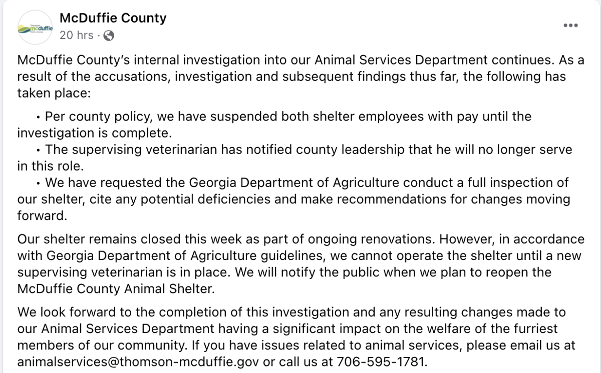 County opens internal investigation of animal shelter | News |  mcduffieprogress.com