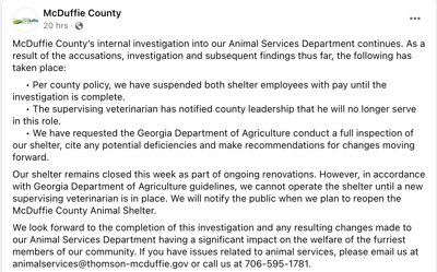 McDuffie County post re animal shelter