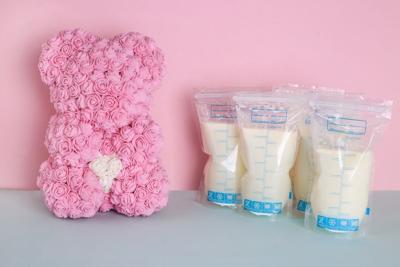 Bags with breast milk and bear toy of roses. Milk bank. Expressing breast milk. Breast-feeding. Freezing and storing milk. Donated milk.Copyspace