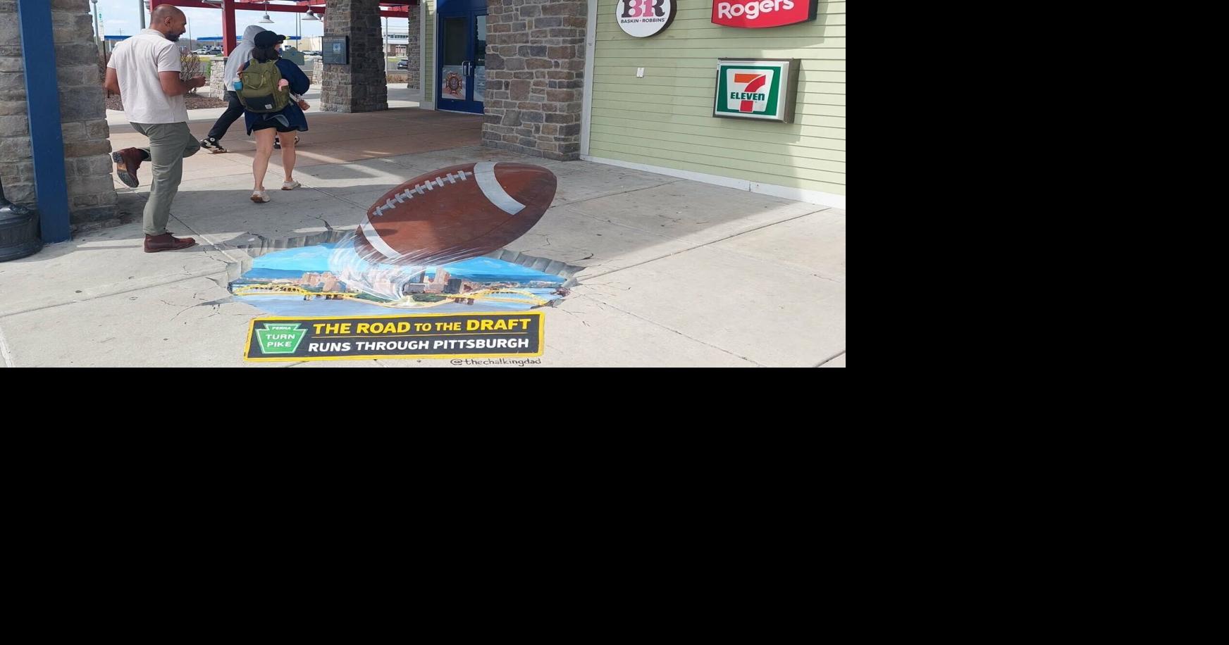 Pennsylvania Turnpike plaza celebrating NFL Draft as football fans begin journeys to Pittsburgh