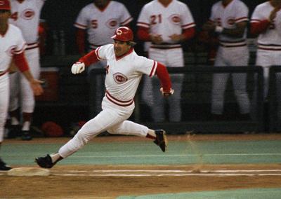 Cincinnati Reds Pete Rose on base during game vs Chicago Cubs